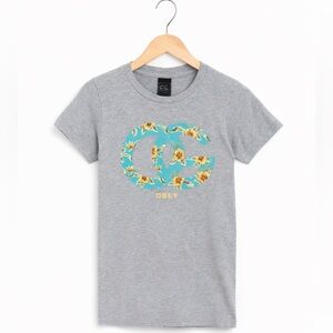 OBEY Women’s Gray Floral Logo T-Shirt Size Small Streetwear Meets Feminine Style